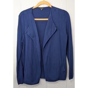 Talbots Womens Open Front Knit Cardigan Sweater Blazer MED Blue Cotton Blend